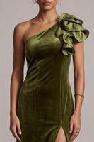 Load image into Gallery viewer, Olive Velvet Mermaid One Shoulder Velvet Ruffled Long Formal Dress with Slit