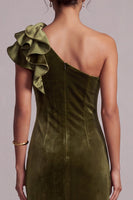 Load image into Gallery viewer, Olive Velvet Mermaid One Shoulder Velvet Ruffled Long Formal Dress with Slit