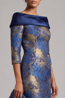 Load image into Gallery viewer, Royal Blue Bodycon Off the Shoulder Jacquard Midi Mother of the Bride Dress with Sleeves