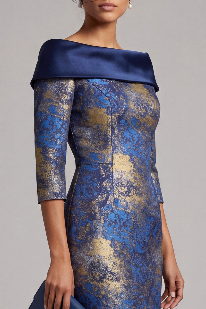 Load image into Gallery viewer, Royal Blue Bodycon Off the Shoulder Jacquard Midi Mother of the Bride Dress with Sleeves