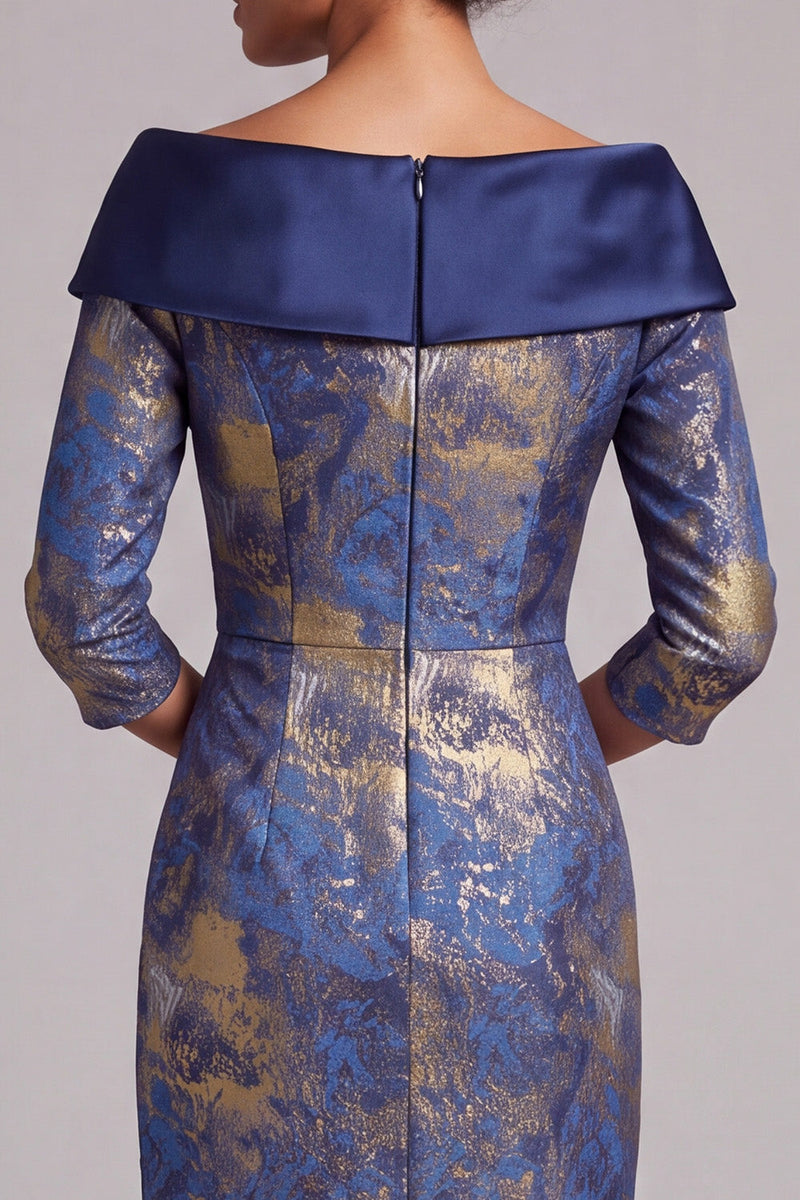 Load image into Gallery viewer, Royal Blue Bodycon Off the Shoulder Jacquard Midi Mother of the Bride Dress with Sleeves