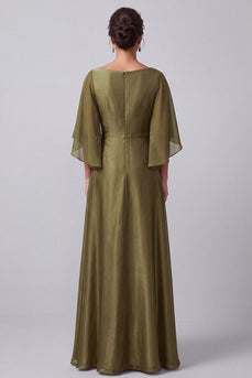 Olive A-Line Boat Neck Satin Beaded Long Mother of the Bride Dress with Sleeves