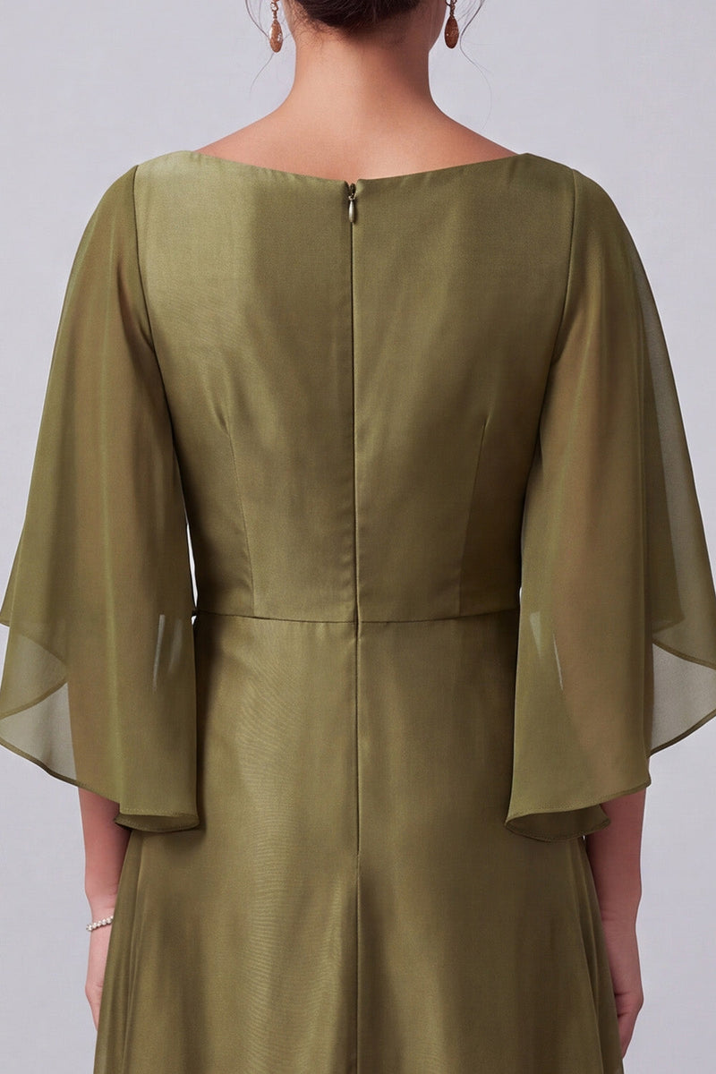 Load image into Gallery viewer, Olive A-Line Boat Neck Satin Beaded Long Mother of the Bride Dress with Sleeves