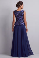 Load image into Gallery viewer, Navy A-Line Boat Neck Floral Chiffon Long Mother of the Bride Dress