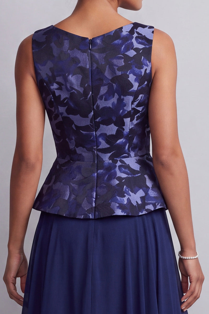 Load image into Gallery viewer, Navy A-Line Boat Neck Floral Chiffon Long Mother of the Bride Dress