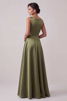 Sparkly Olive A-Line Boat Neck Beaded Satin Long Formal Dress