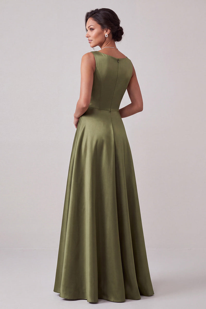 Load image into Gallery viewer, Sparkly Olive A-Line Boat Neck Beaded Satin Long Formal Dress