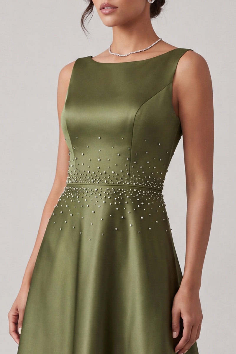Load image into Gallery viewer, Sparkly Olive A-Line Boat Neck Beaded Satin Long Formal Dress