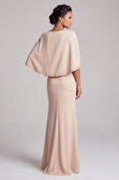 Load image into Gallery viewer, Champagne Mermaid Beaded Round Neck Long Satin Mother of the Bride Dress with Cape