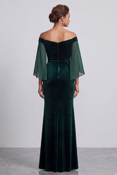 Dark Green Mermaid Beaded Velvet Off the Shoulder Long Mother of the Bride Dress with Sleeves