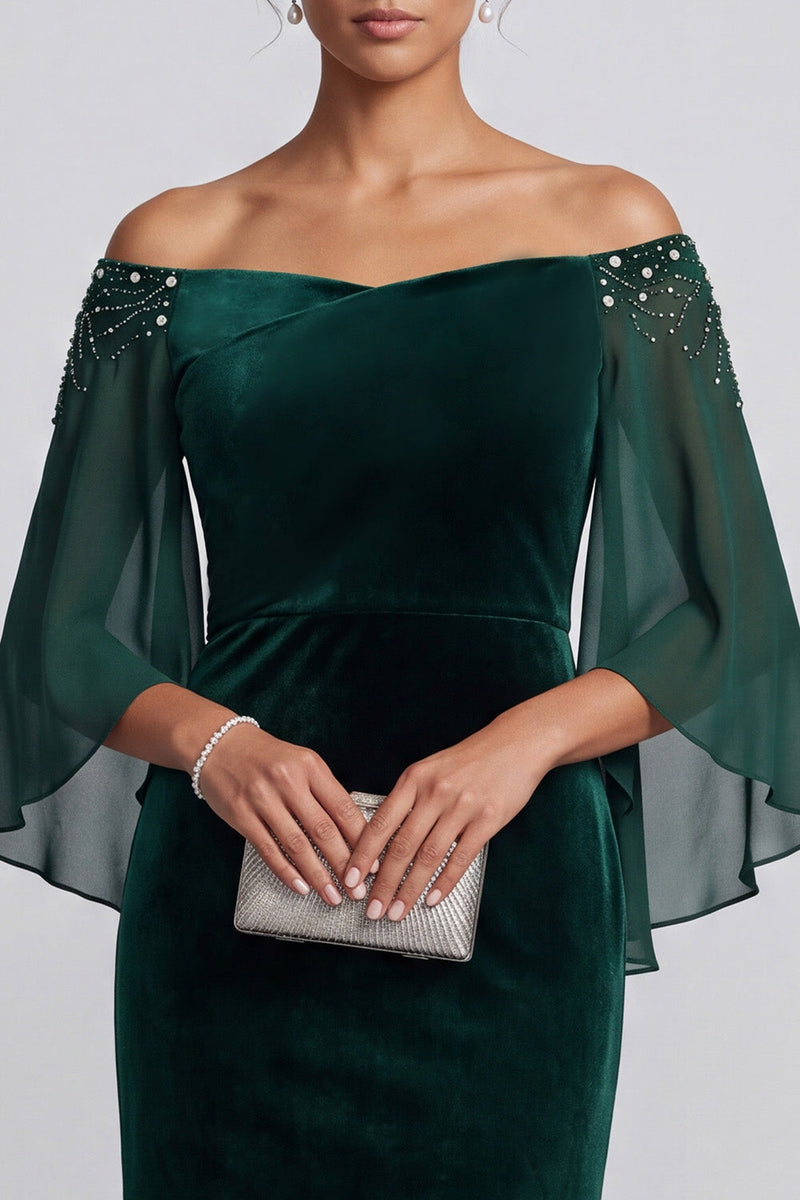 Load image into Gallery viewer, Dark Green Mermaid Beaded Velvet Off the Shoulder Long Mother of the Bride Dress with Sleeves