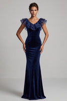 Load image into Gallery viewer, Dark Blue Velvet Mermaid V-Neck Velvet Ruffled Long Formal Dress