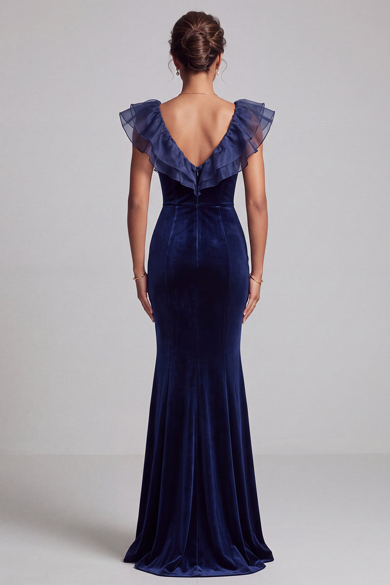 Load image into Gallery viewer, Dark Blue Velvet Mermaid V-Neck Velvet Ruffled Long Formal Dress
