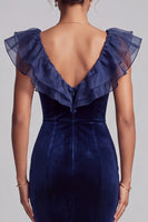 Load image into Gallery viewer, Dark Blue Velvet Mermaid V-Neck Velvet Ruffled Long Formal Dress