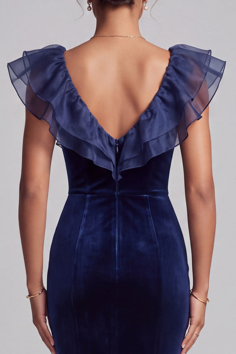 Load image into Gallery viewer, Dark Blue Velvet Mermaid V-Neck Velvet Ruffled Long Formal Dress