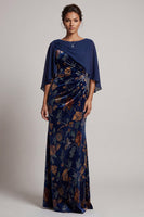 Load image into Gallery viewer, Dark Blue Mermaid Boat Neck Floral Velvet Long Mother of the Bride Dress with Cape