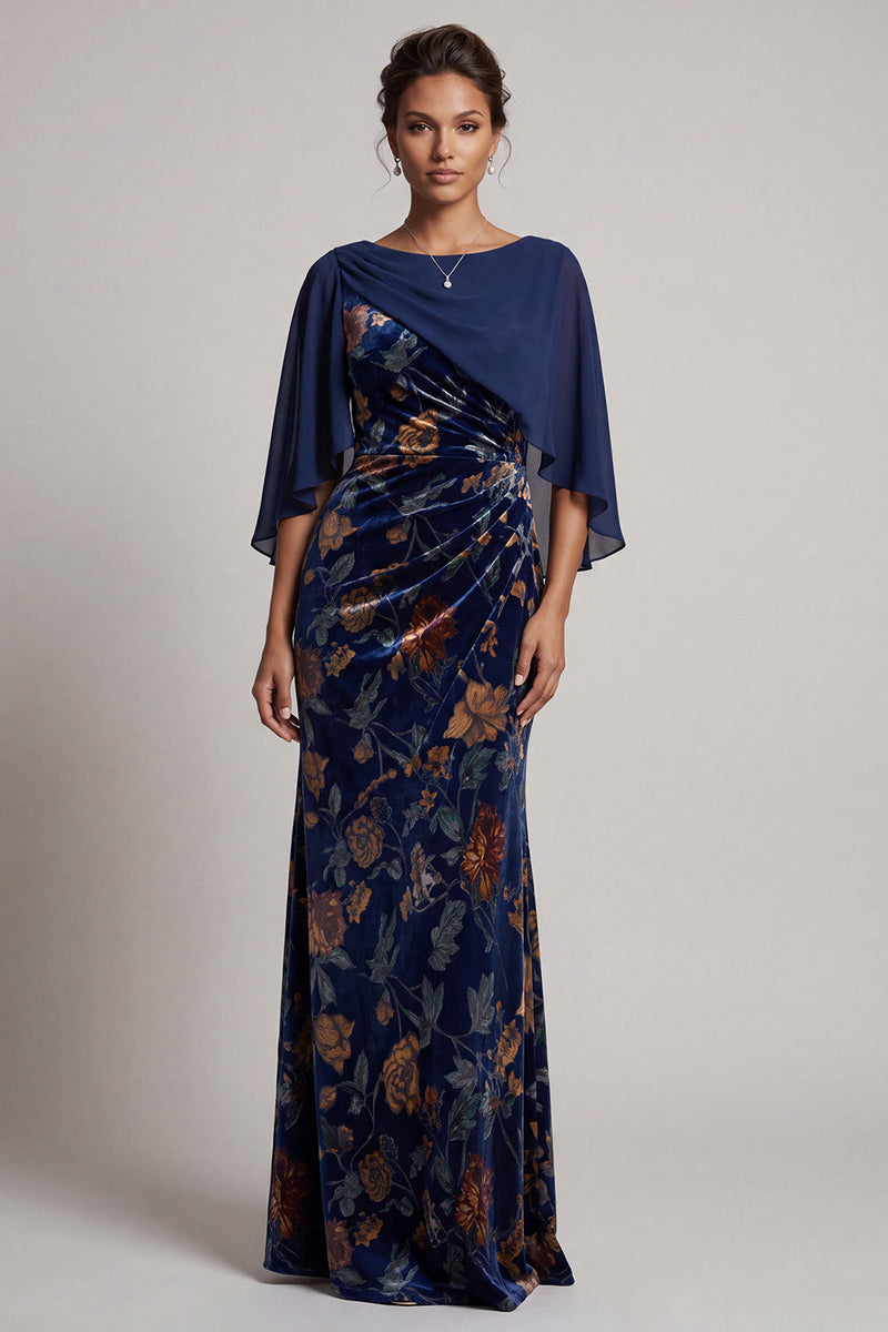 Load image into Gallery viewer, Dark Blue Mermaid Boat Neck Floral Velvet Long Mother of the Bride Dress with Cape
