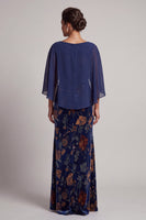 Load image into Gallery viewer, Dark Blue Mermaid Boat Neck Floral Velvet Long Mother of the Bride Dress with Cape