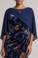 Load image into Gallery viewer, Dark Blue Mermaid Boat Neck Floral Velvet Long Mother of the Bride Dress with Cape