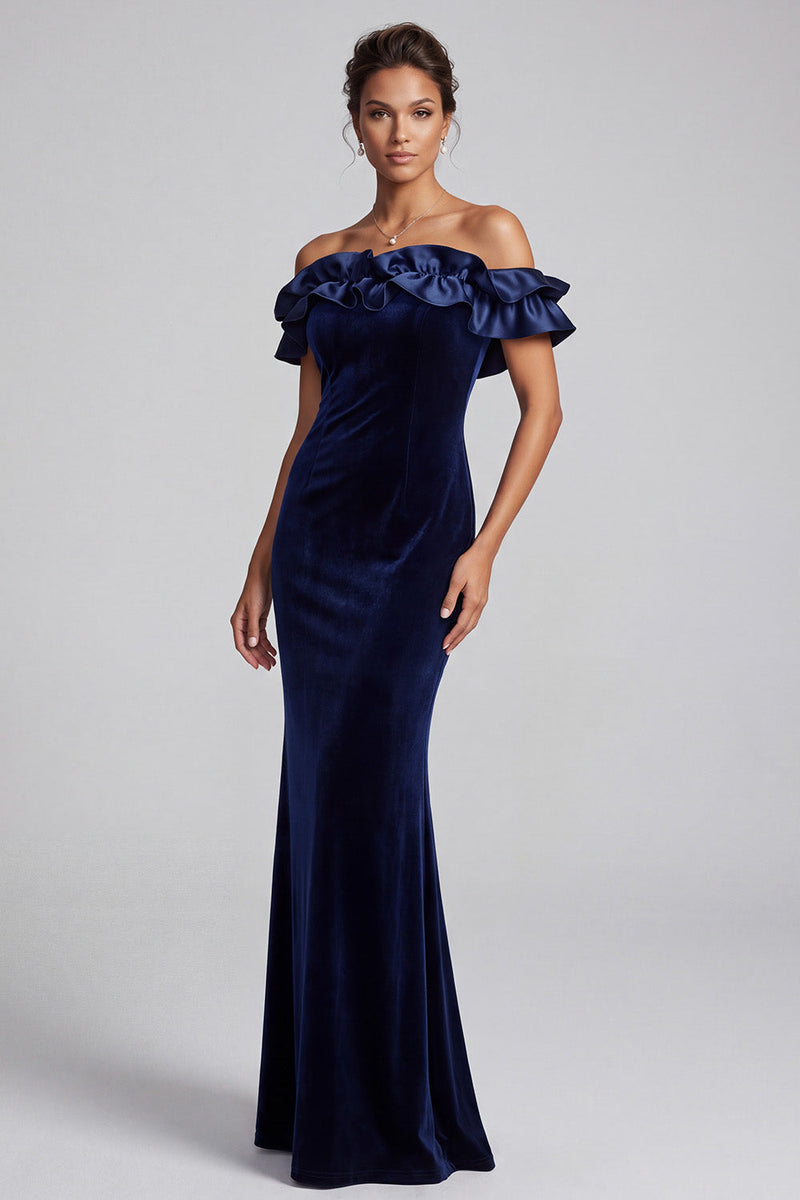 Load image into Gallery viewer, Navy Mermaid Off the Shoulder Velvet Ruffled Long Formal Dress