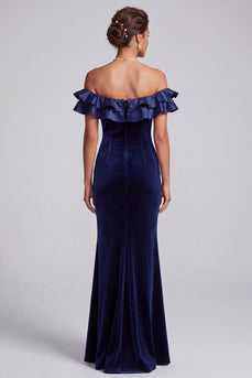 Navy Mermaid Off the Shoulder Velvet Ruffled Long Formal Dress