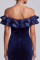 Load image into Gallery viewer, Navy Mermaid Off the Shoulder Velvet Ruffled Long Formal Dress