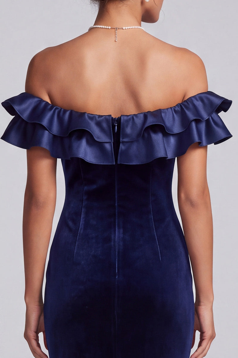 Load image into Gallery viewer, Navy Mermaid Off the Shoulder Velvet Ruffled Long Formal Dress