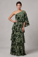 Load image into Gallery viewer, Dusty Sage A-Line One Shoulder Floral Ruffled Long Mother of the Bride Dress with Side Cape