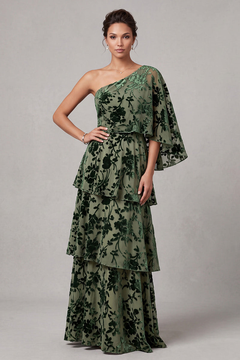 Load image into Gallery viewer, Dusty Sage A-Line One Shoulder Floral Ruffled Long Mother of the Bride Dress with Side Cape