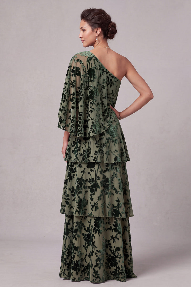 Load image into Gallery viewer, Dusty Sage A-Line One Shoulder Floral Ruffled Long Mother of the Bride Dress with Side Cape