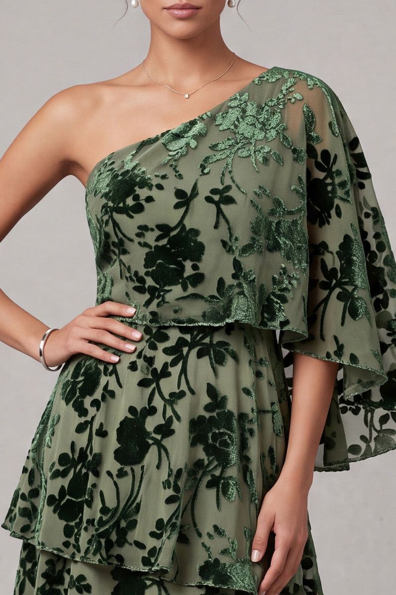 Load image into Gallery viewer, Dusty Sage A-Line One Shoulder Floral Ruffled Long Mother of the Bride Dress with Side Cape