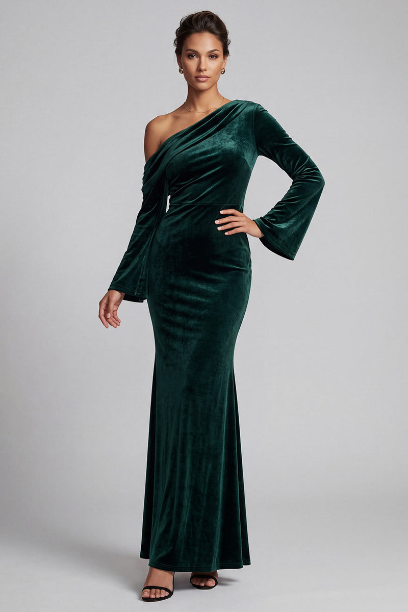 Load image into Gallery viewer, Dark Green Velvet Mermaid One Shoulder Ruched Long Sleeves Formal Dress