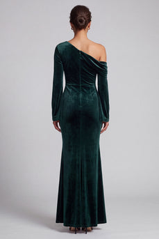 Dark Green Velvet Mermaid One Shoulder Ruched Long Sleeves Formal Dress