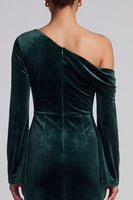 Load image into Gallery viewer, Dark Green Velvet Mermaid One Shoulder Ruched Long Sleeves Formal Dress