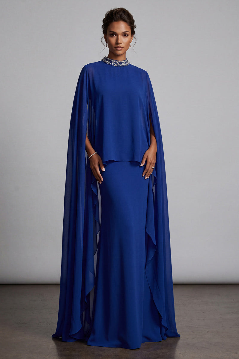 Load image into Gallery viewer, Dark Blue Sheath Beaded High Neck Ruffled Long Mother of the Bride Dress with Cape