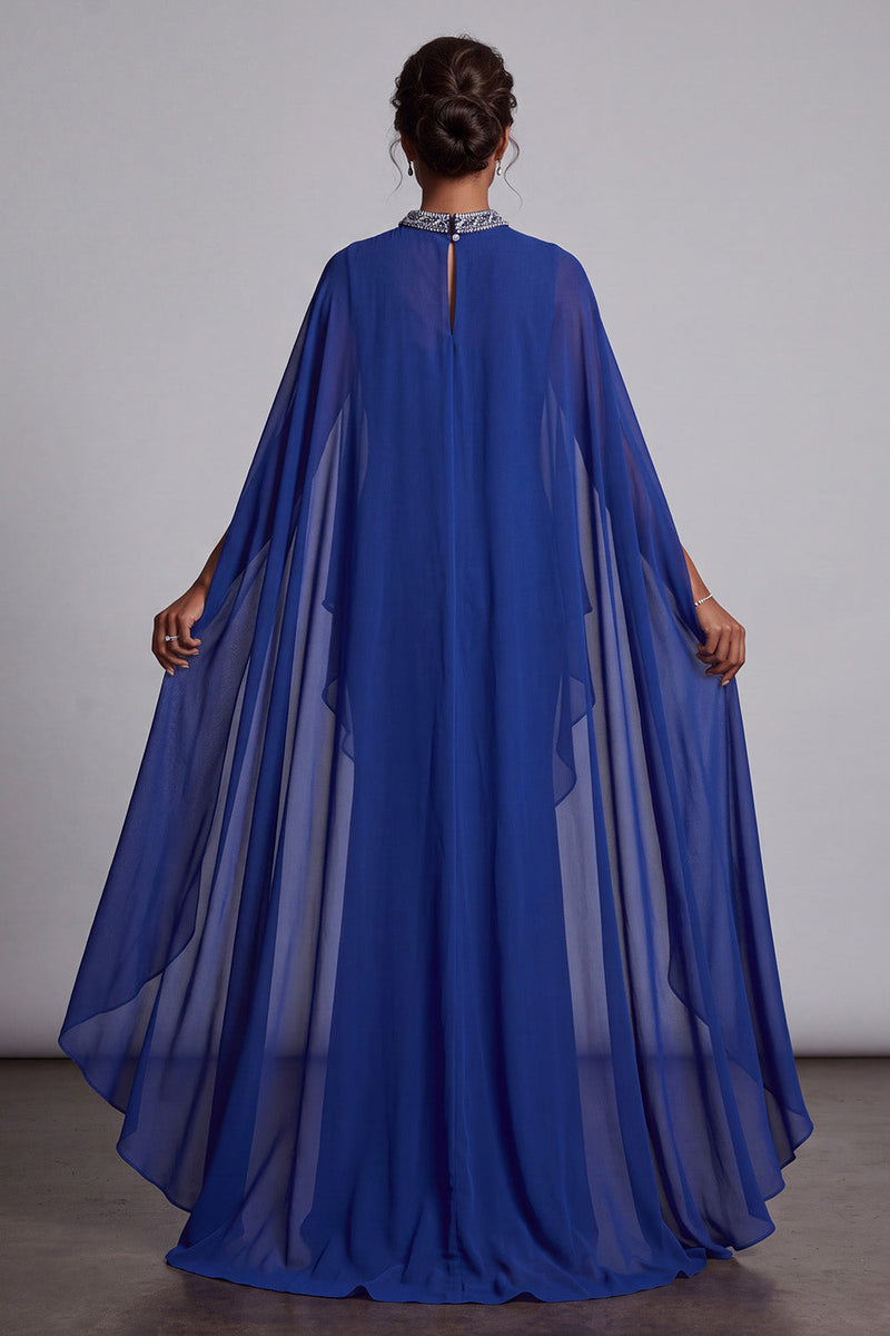 Load image into Gallery viewer, Dark Blue Sheath Beaded High Neck Ruffled Long Mother of the Bride Dress with Cape