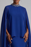 Load image into Gallery viewer, Dark Blue Sheath Beaded High Neck Ruffled Long Mother of the Bride Dress with Cape