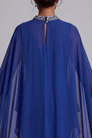 Load image into Gallery viewer, Dark Blue Sheath Beaded High Neck Ruffled Long Mother of the Bride Dress with Cape