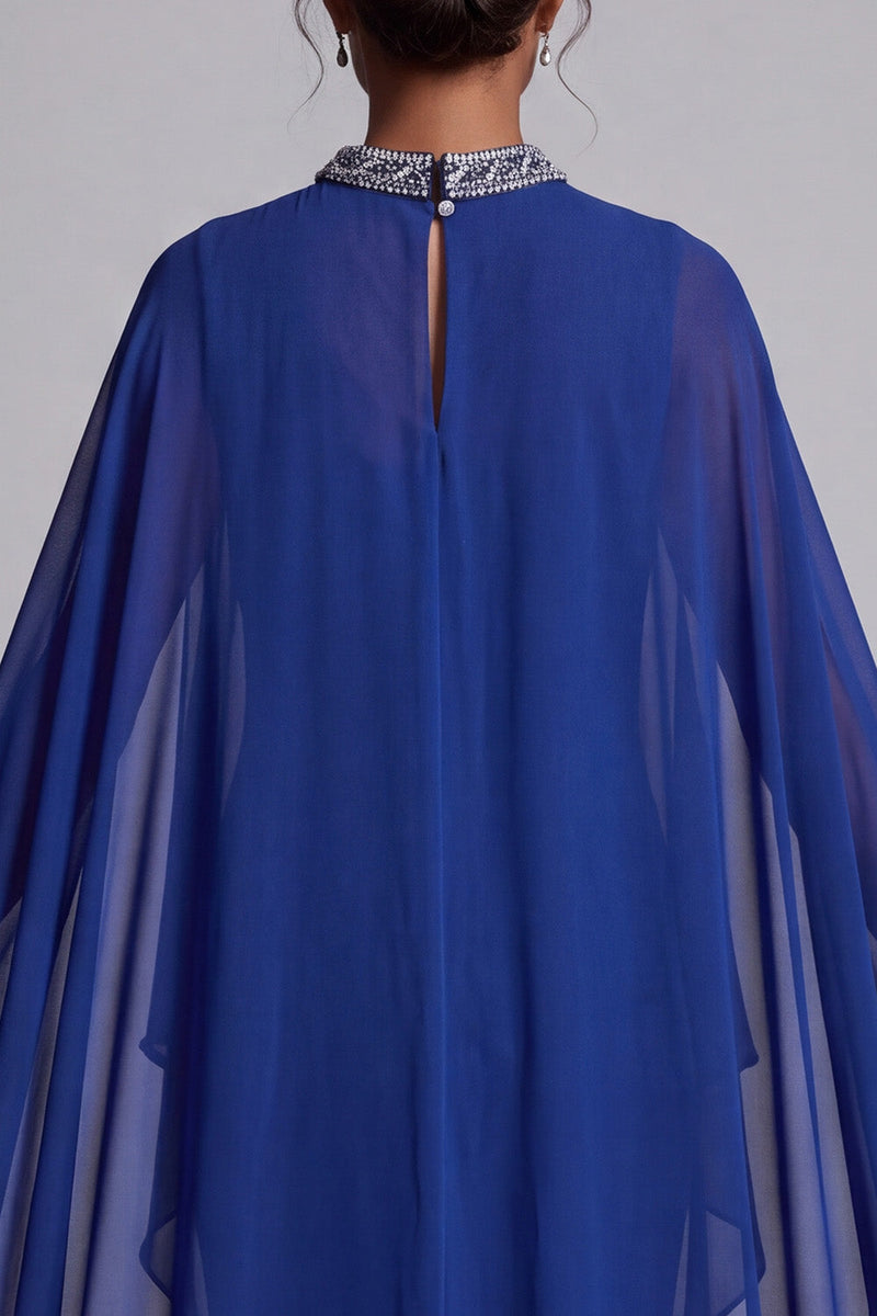 Load image into Gallery viewer, Dark Blue Sheath Beaded High Neck Ruffled Long Mother of the Bride Dress with Cape