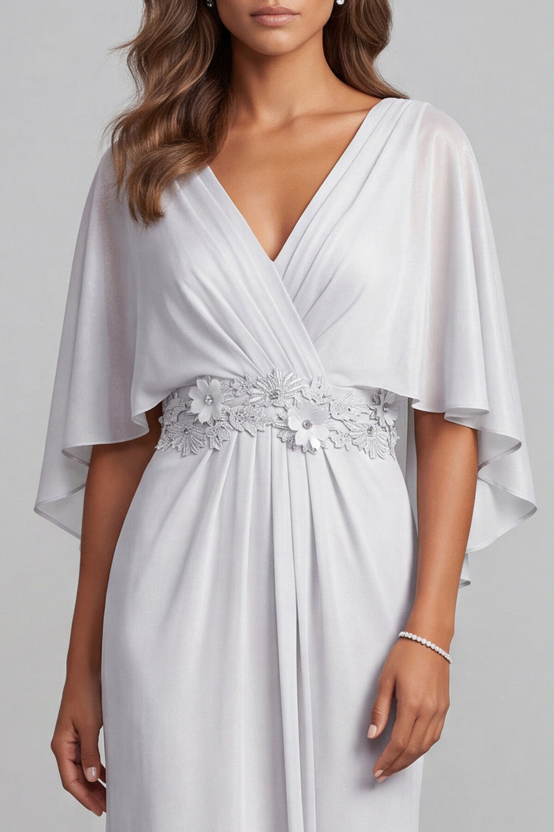Load image into Gallery viewer, Light Grey V-Neck Floral Ruched Chiffon Sheath Long Mother of the Bride Dress