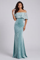 Load image into Gallery viewer, Sparkly Light Blue Off the Shoulder Floral Velvet Mermaid Long Formal Dress with Cape