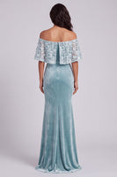 Load image into Gallery viewer, Sparkly Light Blue Off the Shoulder Floral Velvet Mermaid Long Formal Dress with Cape