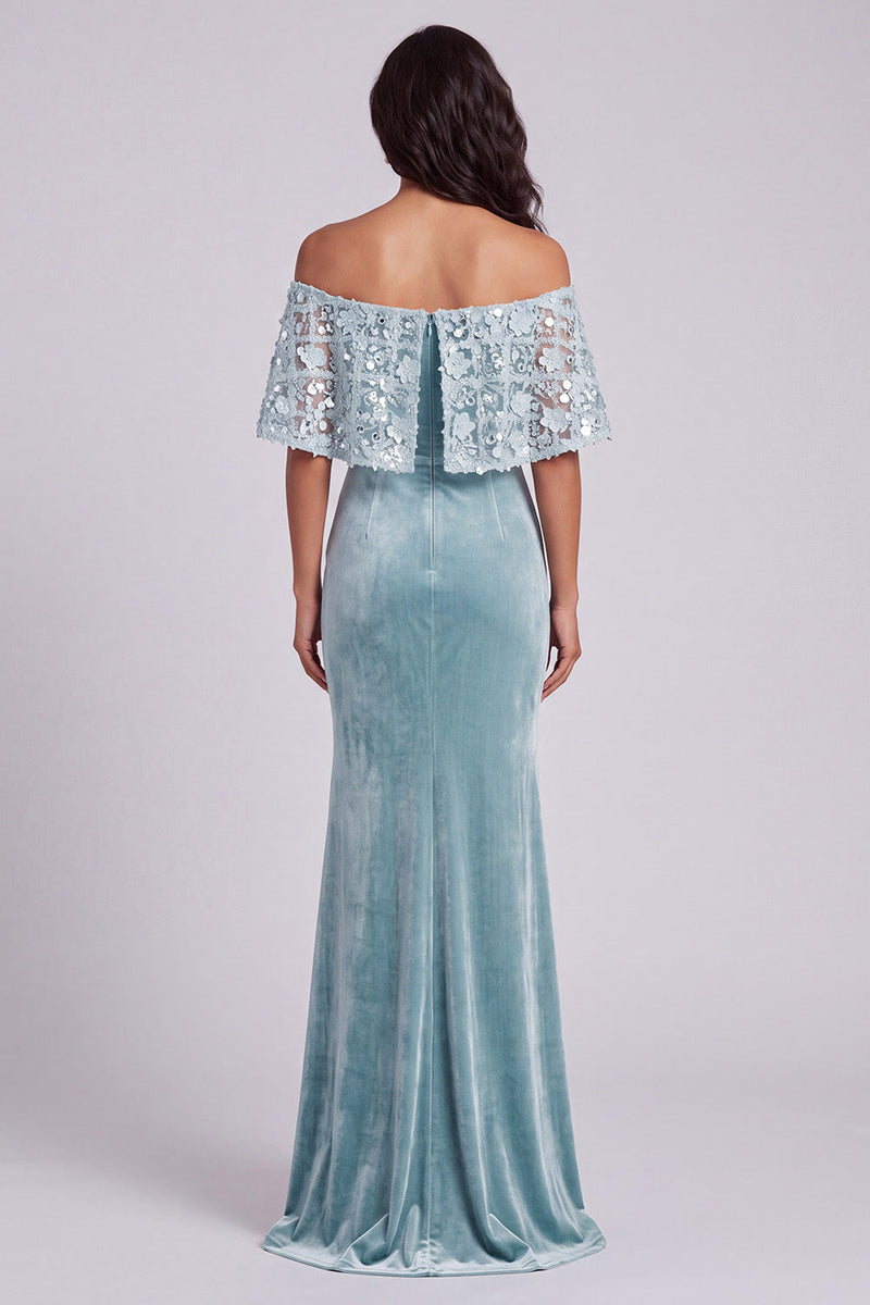 Load image into Gallery viewer, Sparkly Light Blue Off the Shoulder Floral Velvet Mermaid Long Formal Dress with Cape