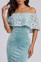 Load image into Gallery viewer, Sparkly Light Blue Off the Shoulder Floral Velvet Mermaid Long Formal Dress with Cape