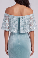 Load image into Gallery viewer, Sparkly Light Blue Off the Shoulder Floral Velvet Mermaid Long Formal Dress with Cape