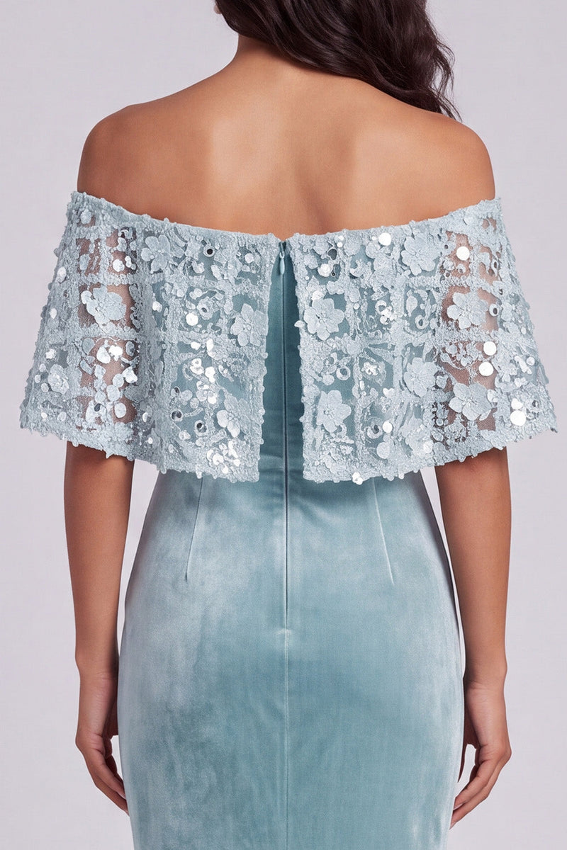 Load image into Gallery viewer, Sparkly Light Blue Off the Shoulder Floral Velvet Mermaid Long Formal Dress with Cape