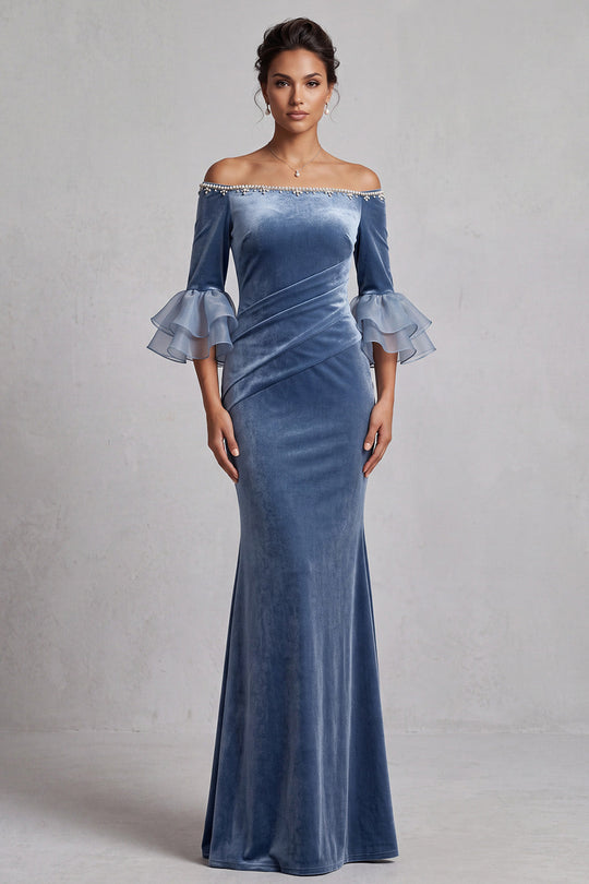 Dusty Blue Velvet Mermaid Ruffled Beaded Ruched Long Formal Dress with Sleeves