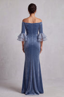 Load image into Gallery viewer, Dusty Blue Velvet Mermaid Ruffled Beaded Ruched Long Formal Dress with Sleeves