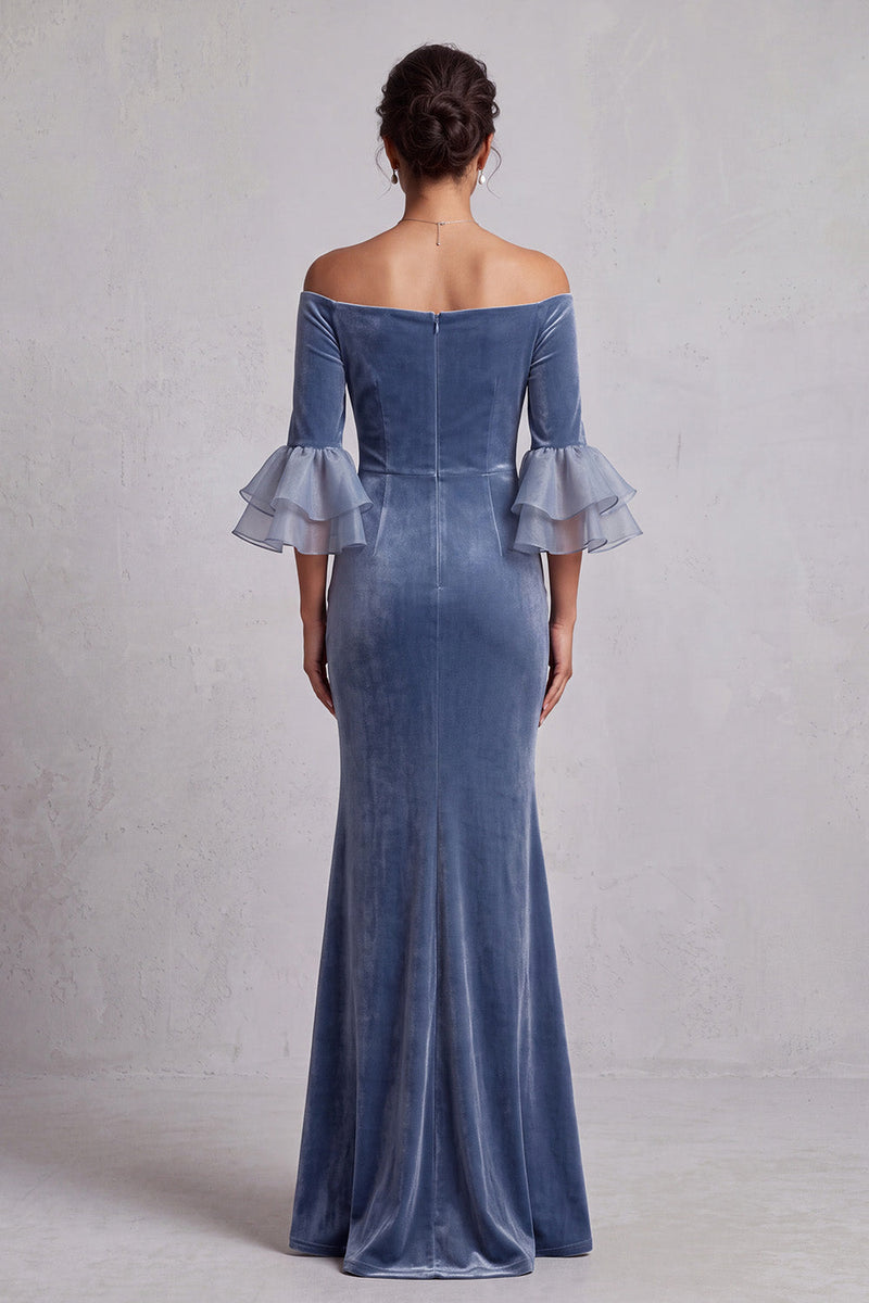 Load image into Gallery viewer, Dusty Blue Velvet Mermaid Ruffled Beaded Ruched Long Formal Dress with Sleeves