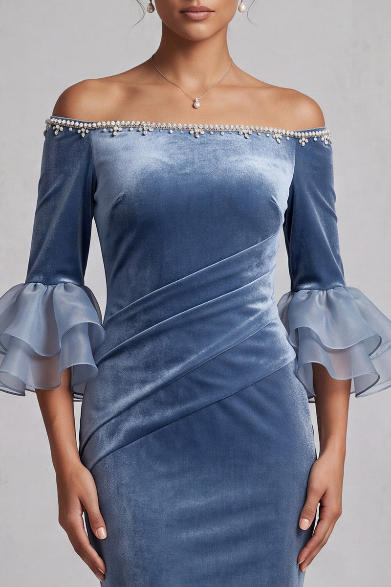Load image into Gallery viewer, Dusty Blue Velvet Mermaid Ruffled Beaded Ruched Long Formal Dress with Sleeves